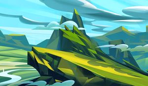 Preview wallpaper mountains, art, clouds, landscape, green, blue