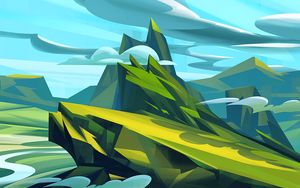 Preview wallpaper mountains, art, clouds, landscape, green, blue
