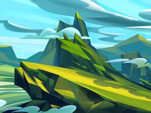 Preview wallpaper mountains, art, clouds, landscape, green, blue