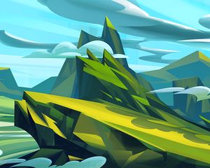 Preview wallpaper mountains, art, clouds, landscape, green, blue