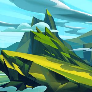 Preview wallpaper mountains, art, clouds, landscape, green, blue