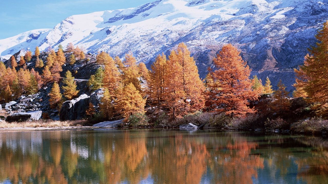 Wallpaper mountains, autumn, trees, reflection, lake, sun