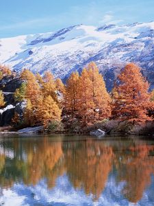 Preview wallpaper mountains, autumn, trees, reflection, lake, sun