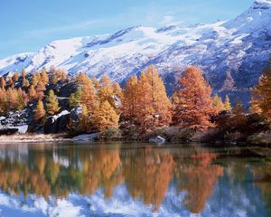 Preview wallpaper mountains, autumn, trees, reflection, lake, sun