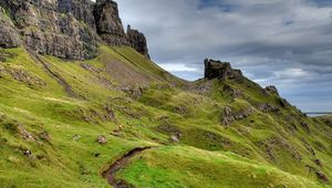 Preview wallpaper mountains, bad weather, gray, green, track