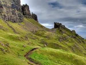 Preview wallpaper mountains, bad weather, gray, green, track