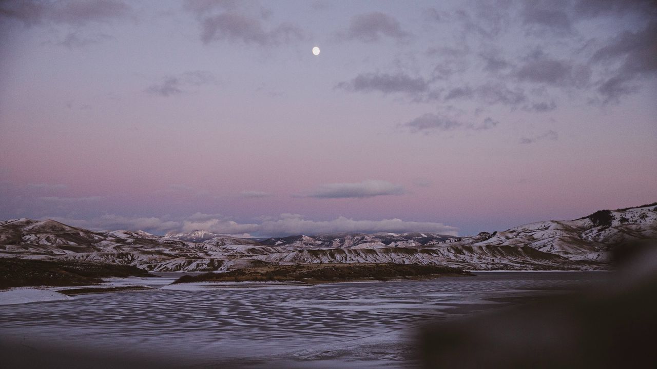 Wallpaper mountains, bay, snow, dusk, landscape
