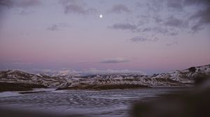 Preview wallpaper mountains, bay, snow, dusk, landscape