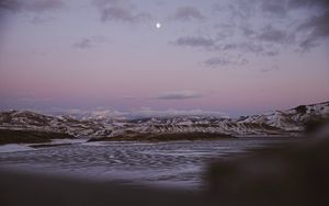 Preview wallpaper mountains, bay, snow, dusk, landscape
