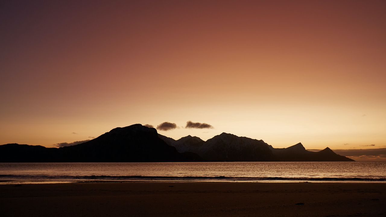 Wallpaper mountains, beach, sea, sunset, sky