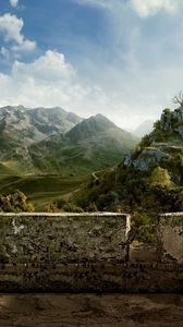 Preview wallpaper mountains, bird, sky, structure, stones, clouds