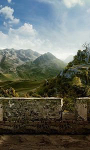 Preview wallpaper mountains, bird, sky, structure, stones, clouds