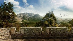 Preview wallpaper mountains, bird, sky, structure, stones, clouds