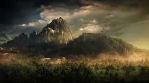Preview wallpaper mountains, birds, trees, clouds, fog, tops