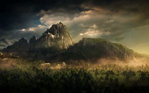 Preview wallpaper mountains, birds, trees, clouds, fog, tops