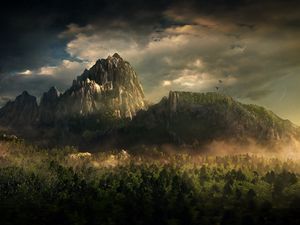 Preview wallpaper mountains, birds, trees, clouds, fog, tops