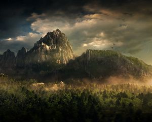 Preview wallpaper mountains, birds, trees, clouds, fog, tops