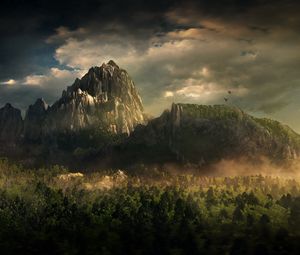 Preview wallpaper mountains, birds, trees, clouds, fog, tops