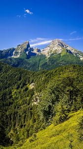 Preview wallpaper mountains, blue sky, forest, nature, landscape, travel