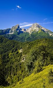 Preview wallpaper mountains, blue sky, forest, nature, landscape, travel