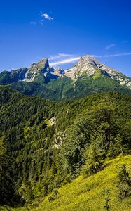 Preview wallpaper mountains, blue sky, forest, nature, landscape, travel