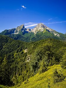 Preview wallpaper mountains, blue sky, forest, nature, landscape, travel