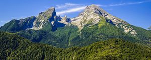 Preview wallpaper mountains, blue sky, forest, nature, landscape, travel