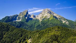 Preview wallpaper mountains, blue sky, forest, nature, landscape, travel