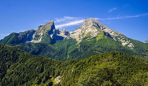 Preview wallpaper mountains, blue sky, forest, nature, landscape, travel