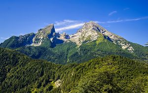 Preview wallpaper mountains, blue sky, forest, nature, landscape, travel