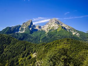 Preview wallpaper mountains, blue sky, forest, nature, landscape, travel