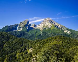 Preview wallpaper mountains, blue sky, forest, nature, landscape, travel