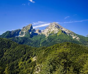 Preview wallpaper mountains, blue sky, forest, nature, landscape, travel