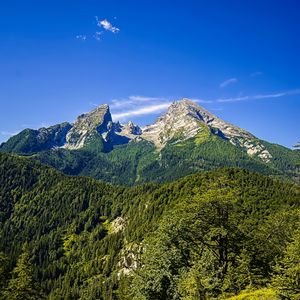 Preview wallpaper mountains, blue sky, forest, nature, landscape, travel