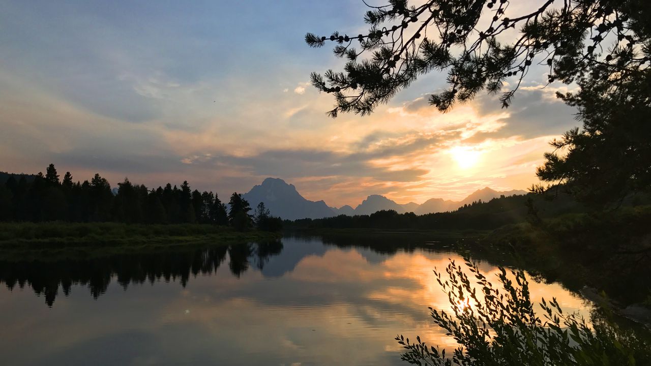 Wallpaper mountains, branches, lake, trees, sunset