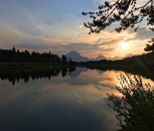 Preview wallpaper mountains, branches, lake, trees, sunset
