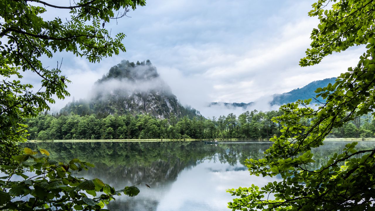Wallpaper mountains, branches, lake, clouds, fog