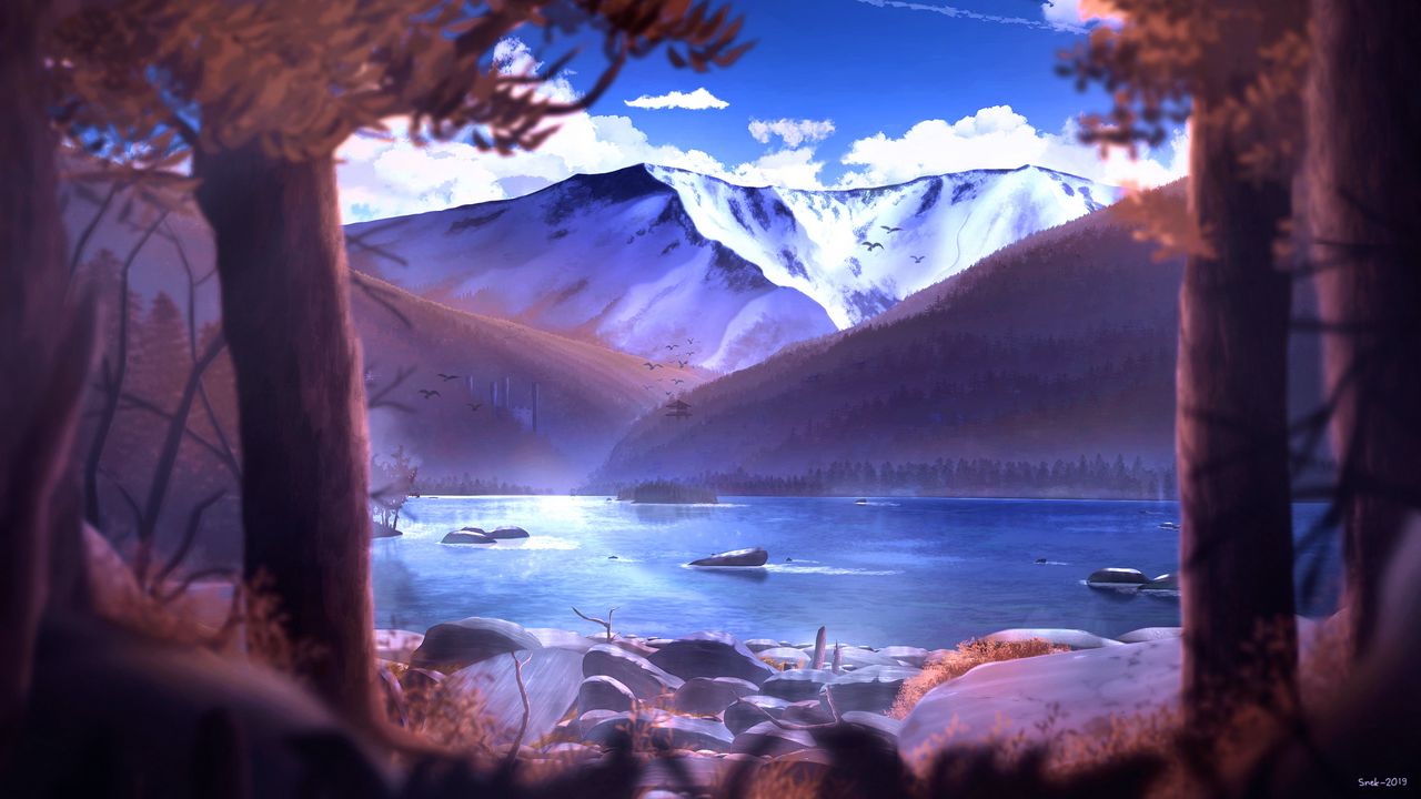 Wallpaper mountains, branches, stones, landscape, art