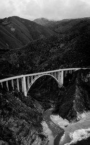 Preview wallpaper mountains, bridge, bw, coast, aerial view