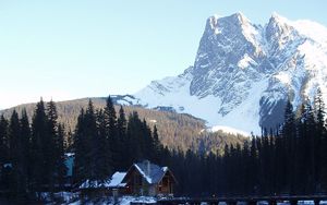 Preview wallpaper mountains, bridge, small house, structure, top, lake, trees, fur-trees