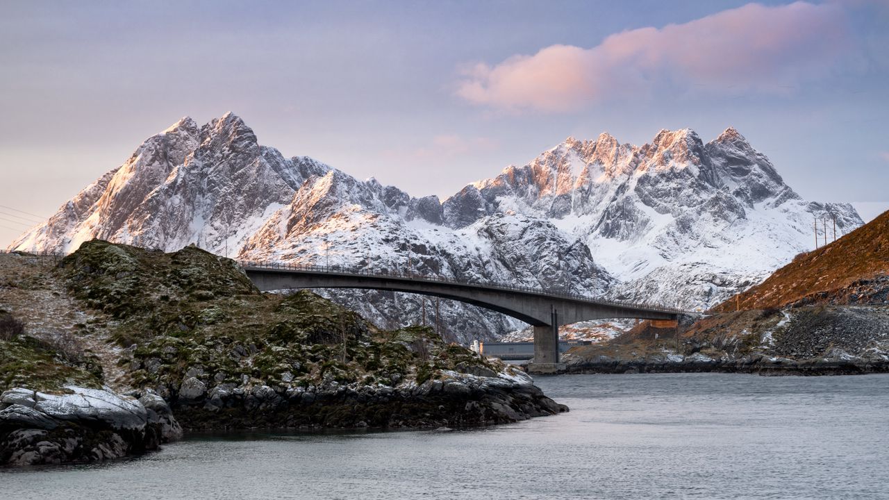 Wallpaper mountains, bridge, snow, landscape