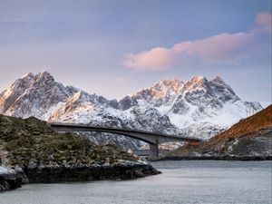 Preview wallpaper mountains, bridge, snow, landscape