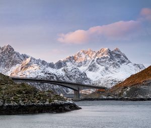 Preview wallpaper mountains, bridge, snow, landscape