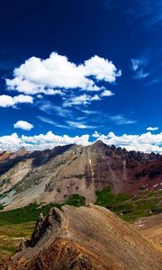 Preview wallpaper mountains, brightly, lowland, height, bottom, clouds, sky, freedom, freshness