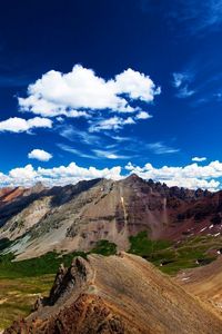 Preview wallpaper mountains, brightly, lowland, height, bottom, clouds, sky, freedom, freshness