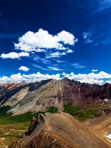 Preview wallpaper mountains, brightly, lowland, height, bottom, clouds, sky, freedom, freshness