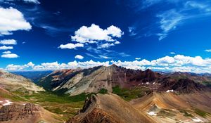 Preview wallpaper mountains, brightly, lowland, height, bottom, clouds, sky, freedom, freshness