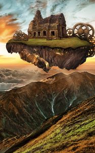 Preview wallpaper mountains, building, engine, gears, steampunk, imagination, photoshop