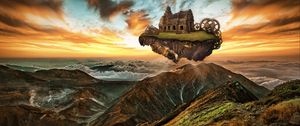 Preview wallpaper mountains, building, engine, gears, steampunk, imagination, photoshop