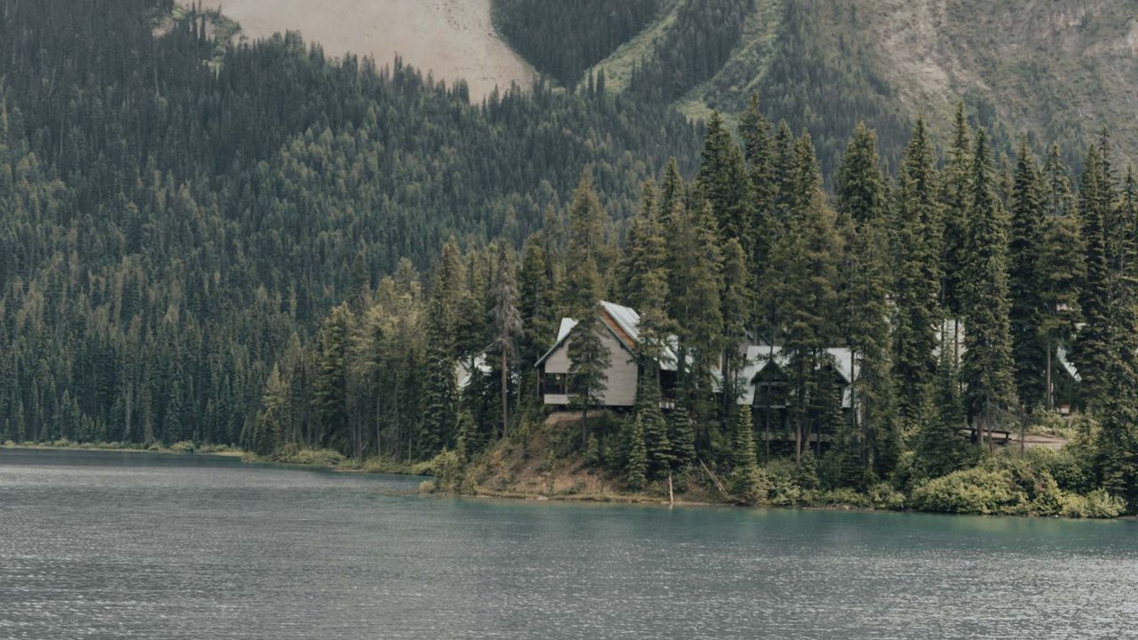 Wallpaper mountains, building, river, trees, spruce